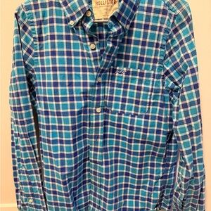 Hollister Teal and Navy Checkered Men's Shirt